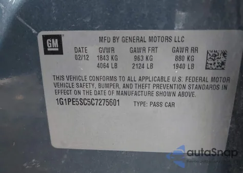 2012 Chevrolet Cruze Lt z USA, uszkodzony, nr VIN 1G1PE5SC5C7275601